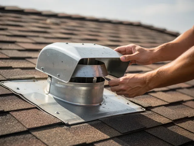 Buena Park Dryer Vent Cleaning certified technician safely cleaning a roof-mounted dryer vent in Buena Park